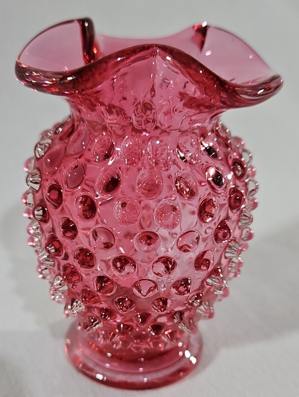 Beautiful Fenton Cranberry Hobnail Glass Vase, UV Reactive